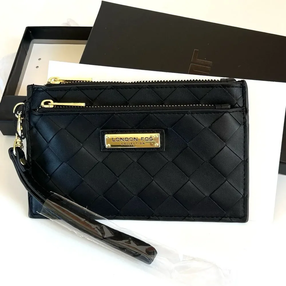 London Fog 100th Anniversary Faux Leather Weaved Textured Black Wristlet Wallet